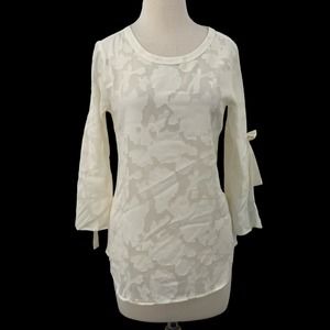 NWT Van Heusen 3/4" Tie V-Sleeve Semi-Sheer Ivory Lace Floral‎ Blouse Size XS